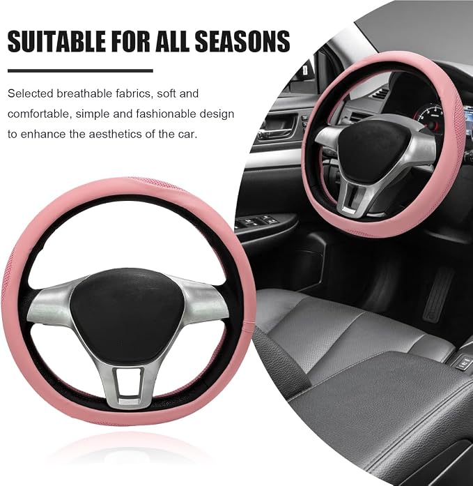 Car Steering Wheel Cover, Leather Breathable Ice Silk Auto Wheel Wrap with Anti-Slip Lining, Scratch-Resistant Elastic Protector Fit for 14.5-15 Inch Steering Wheels (Pink)
