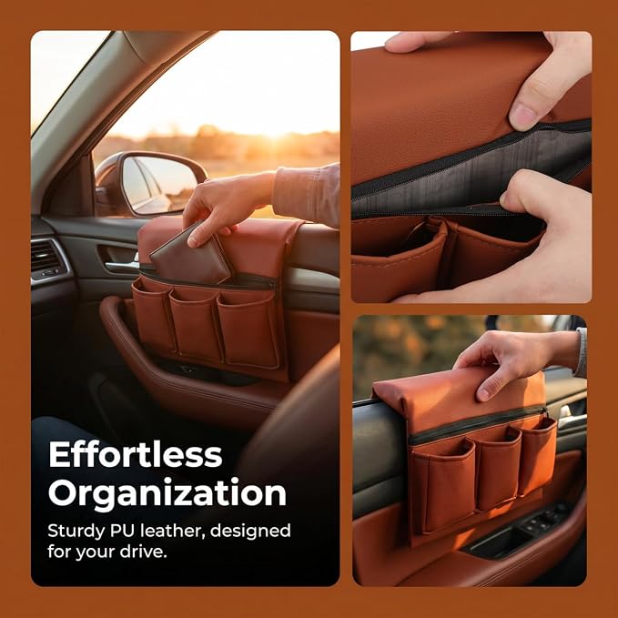 Car Window Armrest Storage Box: Leather Window Side Bag Organizer with Cushion Pocket Universal Front Car Door Armrest Pad Accessory for Vehicle Truck Console Elbow Support Brown