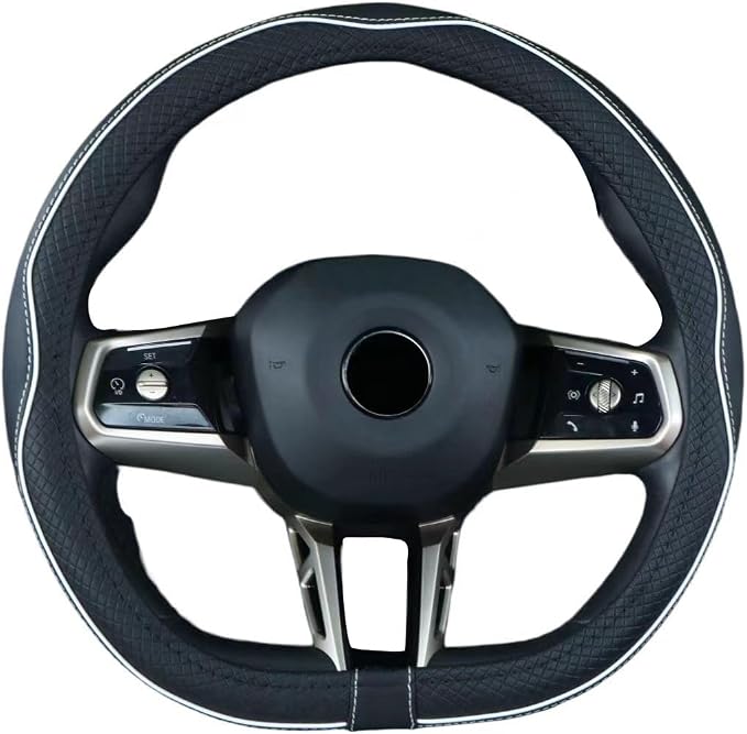 Flat Bottom Steering Wheel Cover Anti-Slip,Safety,Soft,Breathable,Durable,Full Surround,Comfortable Grip Microfiber Leather (D Shape, Black White)