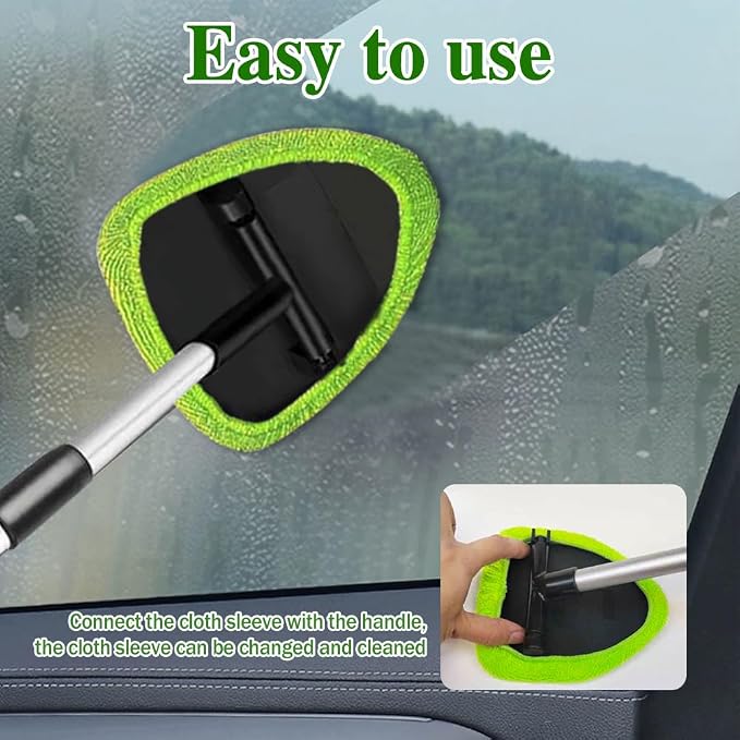Windshield Cleaning Tool, Car Window Cleaner with Extendable Long Handle and 4 Washable Reusable Microfiber Pads, Auto Interior Exterior Auto Glass Wiper for Windshield, Universal for Cars (Green)