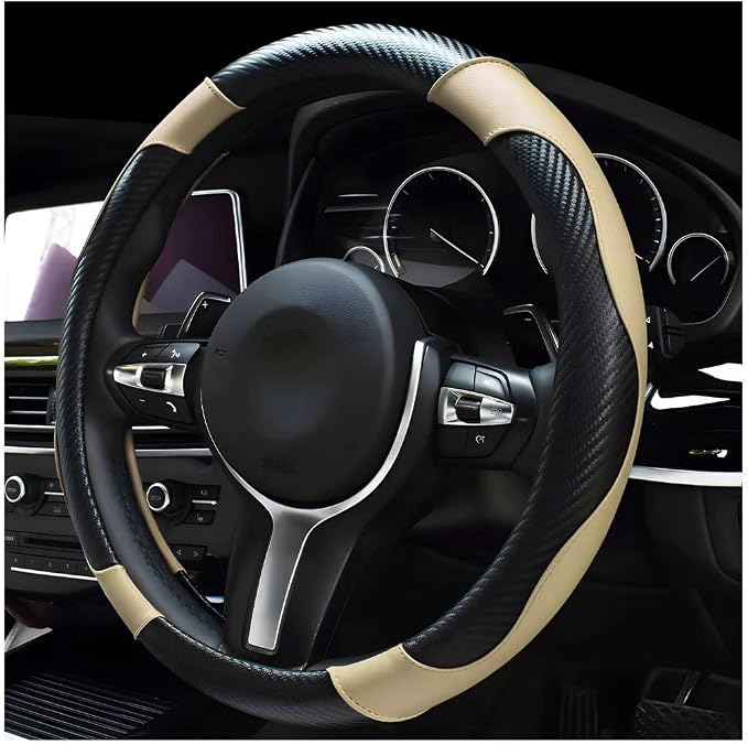 Car Steering Wheel Cover, 15 Inch Carbon Fiber Leather Stitching Color Steering Wheel Protector, Anti-Slip Elastic Breathable Steering Wheel Cover Stylish Decor for Most Cars (Black & Beige)