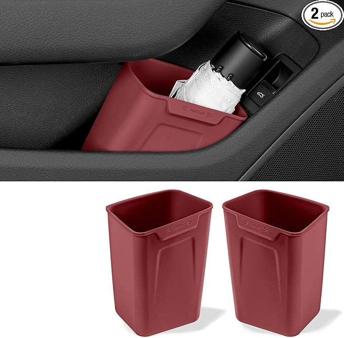 Car Interior Storage Box, Black Silicone Door Side Organizer with Umbrella Holder and Trash Can, Vehicle Accessory (Red)