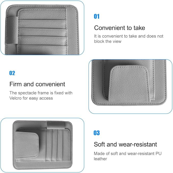 Car Sun Visor Organizer, PU Leather Vehicle Visor Document Storage Pocket for Sunglass Card Pen, Multifunctional Automotive Interior Holder Accessories, Universal Fit (Gray)