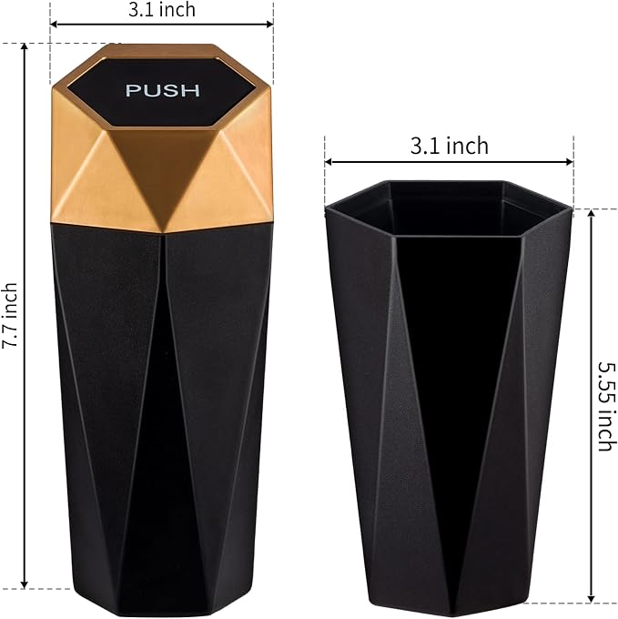 Car Trash Can with Lid, Mini Diamond Design Portable Trash Can, Plastic Material and Multipurpose Organizers for Car,Home,Office(Gold)