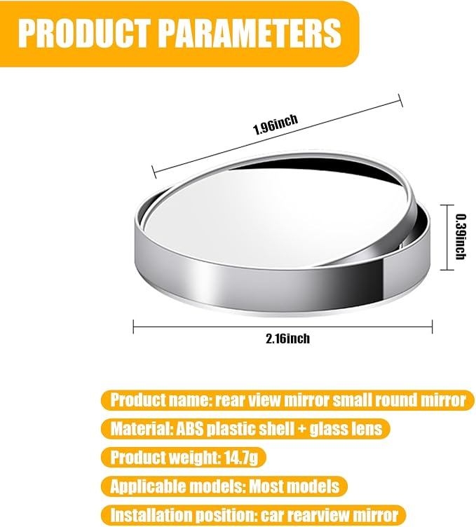 2 PCS Car Reversing Blind Spot Mirror, 2.16" x 0.39" High-definition Glass 360° Large Viewing Angle Round Mirror, Self-adhesive ABS Anti-collision Shell, Compatible with Most Models (Silver)