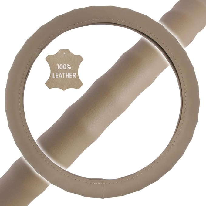 Ergonomic Grip Steering Wheel Cover/Protector for Small Size Steering Wheels in Cars, SUVs, Boats (13.5-14.5") (Genuine Leather (Beige))