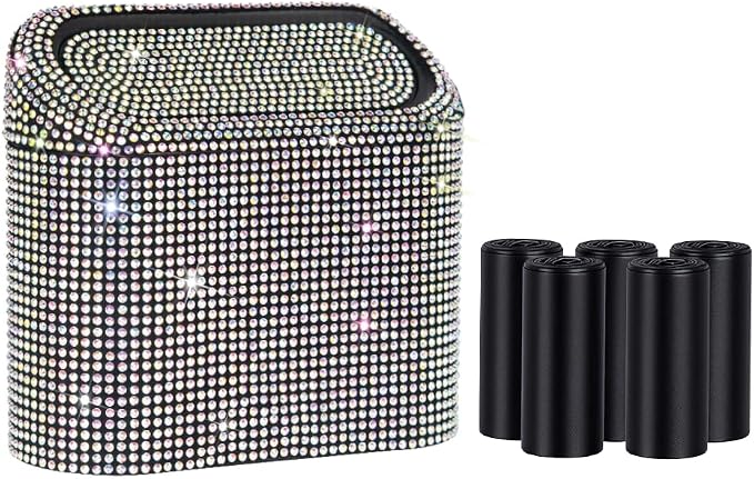 Car Trash Can with Lid, Bling Crystal Mini Vehicle Trash Bin Car Dustbin Garbage Organizer, Automotive Garbage Can Bin Trash Container for Auto Cars, Home, Office - Multicolor …