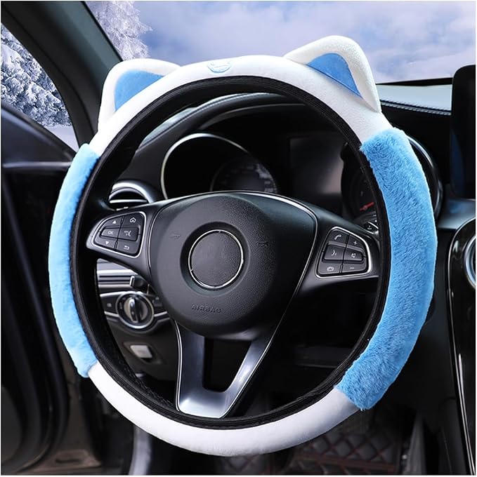 Car Steering Wheel Cover, Fluffy Soft Plush for Winter Warm, Cute Steering Wheel Protector with Kitty Cat Ears, Universal 15 Inch, Elastic & Anti-Slip, Lovely Decor Car Accessories (Blue)