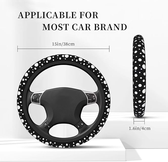 Polka Dot Steering Wheel Cover - Anti-Slip Breathable Universal 14-15-in 2 Car Coasters Black and White Polka Dot Steering Wheel Cover for Men Women