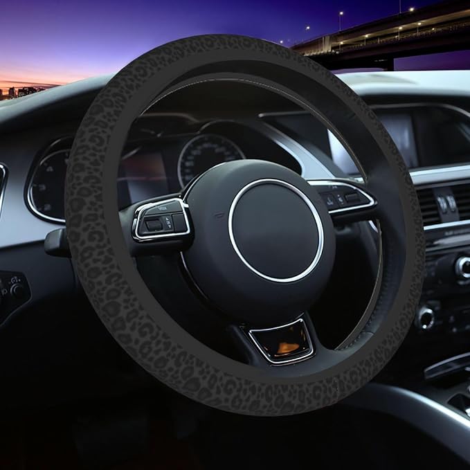 Leopard Grey Animal Leather Steering Wheel Cover Car Accessories Cute for Women Girls Girly Universal 15 Inch Neoprene Auto Interior Decor Anti Slip Car Truck Protector