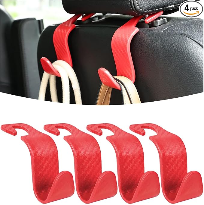Car Seat Headrest Hook, 4 Pack Auto Seat Hanger Storage Organizer for Purse Handbag Coats Grocery Bags, Car Interior Accessories, Universal Vehicle Backseat Plastic Hanging Hook (Red)