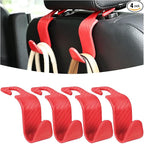 Car Seat Headrest Hook, 4 Pack Auto Seat Hanger Storage Organizer for Purse Handbag Coats Grocery Bags, Car Interior Accessories, Universal Vehicle Backseat Plastic Hanging Hook (Red)