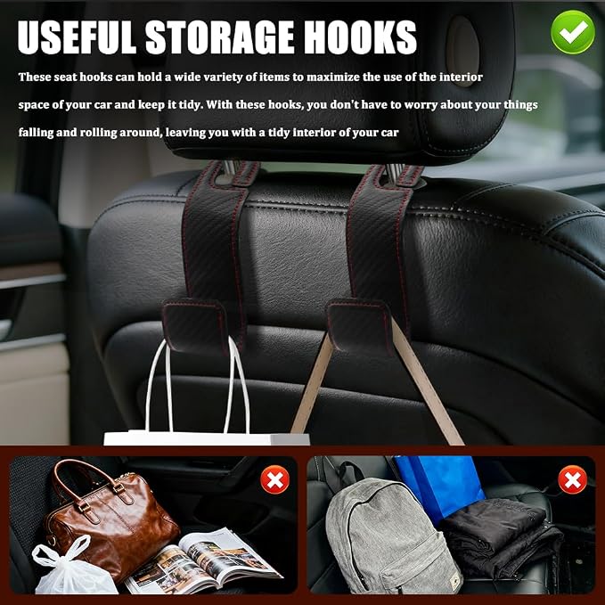 2PCS Car Seat Headrest Hooks, Purse Hook for Car, Automotive Headrest Handbags Holder, Auto Accessories Leather Seatback Organizer Hanger for Hanging Purses Bags Coats (Carbon Fiber, 2PCS)