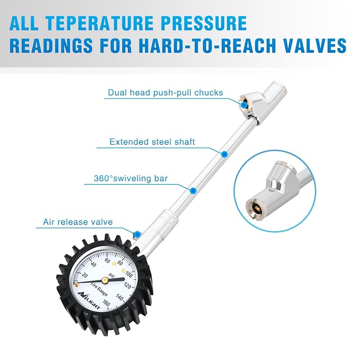 Tire Pressure Gauge 160PSI Heavy Duty Stainless Steel Dual Head Air Pressure Chucks ANSI B40.1 Certified Large 2" Dial Wheel Checker for Truck Semi Truck ATV Motorhome Cars & RV Accessories