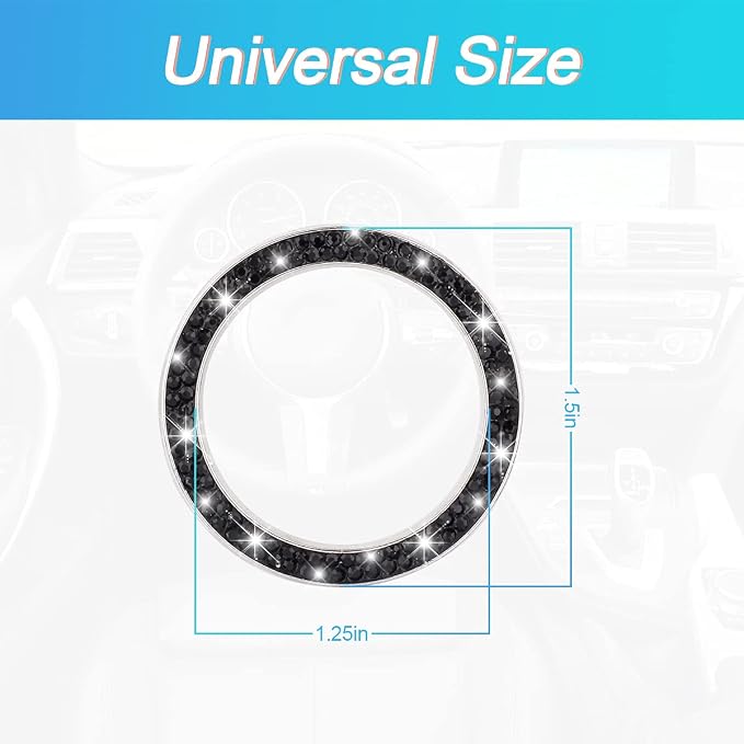 Car Bling Crystal Rhinestone Engine Start Ring Decals, 2 Pack Car Push Start Button Cover/Sticker, Key Ignition Knob Bling Ring, Sparkling Car Interior Accessories for Women (Double Black)