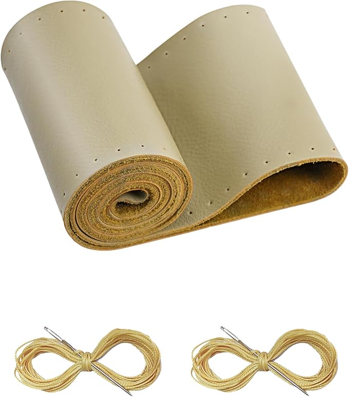 Leather Steering Wheel Cover Lace Up, Stitch on Steering Wheel Wrap, Universal Fit 13-20 Inch Car Truck Pickup Boat, A Whole Piece of Cowhide, DIY w/Needle Thread (Size XXL0, Beige)