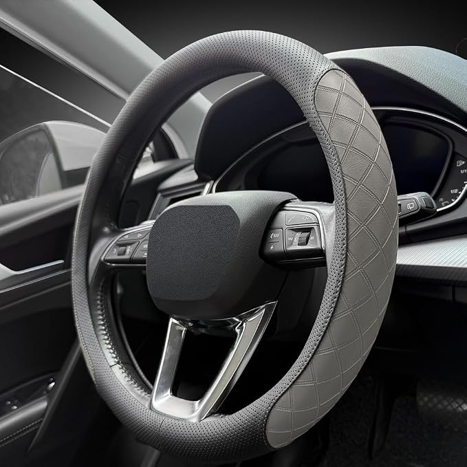Nappa Leather Steering Wheel Cover,Elegant Diamond Checkered Design, Non-Slip wear-Resistant, Enhance Driving Comfort, Suitable for Steering Wheel Diameter 14 1/2‘-15’ Models.Black Gray