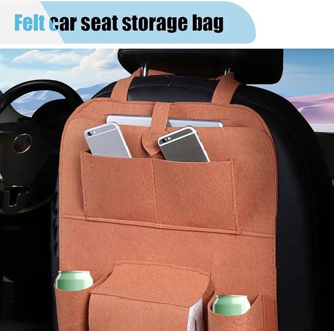LAINLOY Felt Car Seat Back Organizer, Kick Mats Car Back Seat Protector for Kids, 6-Pocket Storage for Tissue, Box, Pen, Toy, Automobile Road Trip Accessories for SUV, RV, Truck (Brown)