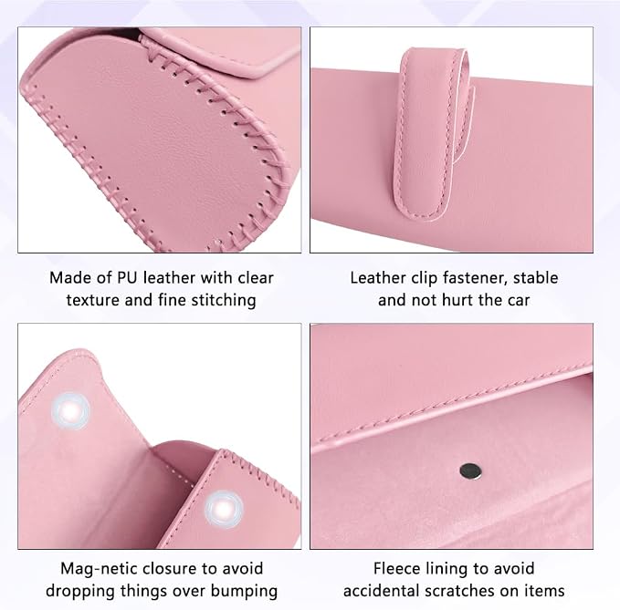 Sunglasses Holder for Car Sun Visor, Sunglass Organizer for Car, Magnetic Leather Eyeglasses Protective Storage Case, Waterproof Glasses Organizer Visor Accessories for Vehicles (Pink)