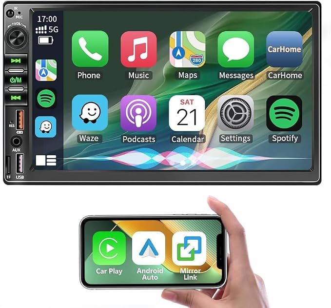 7 Inch Double Din Car Stereo for Wireless Carplay & Android Auto, Car Audio with 1024 * 600 HD Touch Screen ， Mirror Link, Bluetooth5.2,2USB/AUX/TF,AM/FM Radio