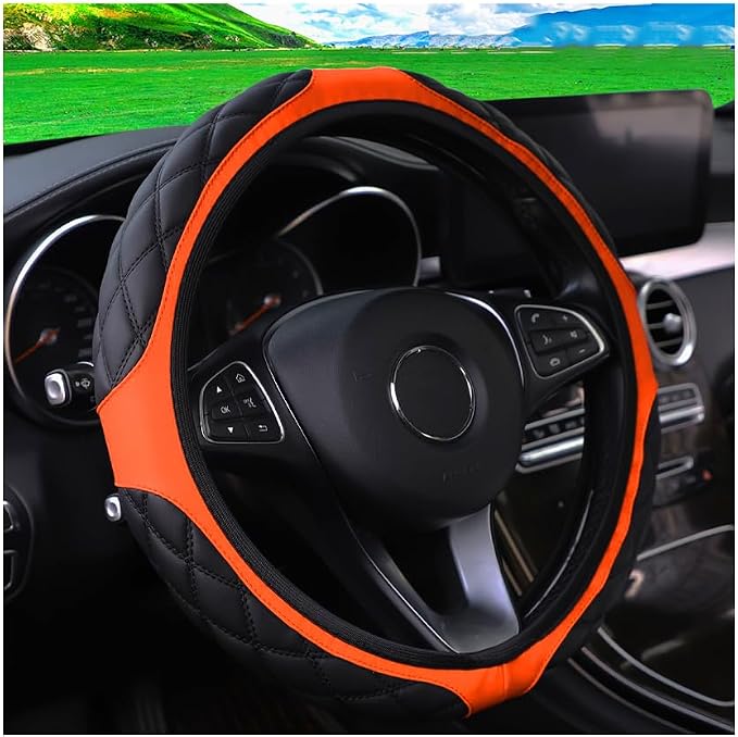 15 Inch Car Leather Steering Wheel Cover, Automotive Accessories Elastic Breathable Anti-Slip Soft Wheel Protector Fits Men and Women, Suitable for SUVs, Trucks, Vehicles and RVs (Orange)