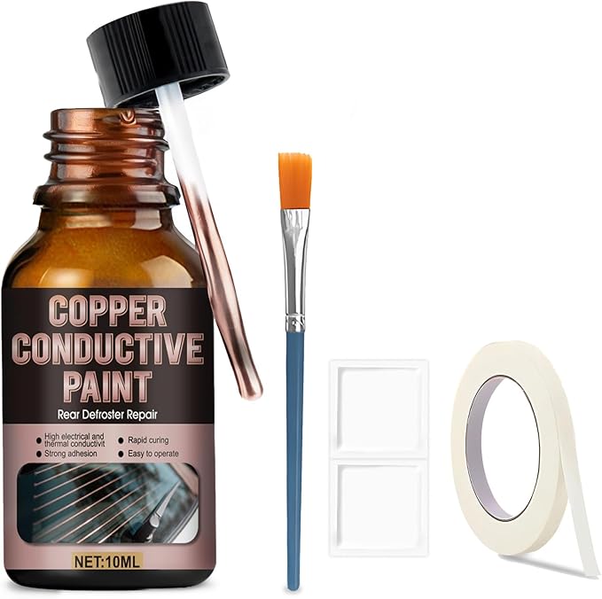Rear Defroster Repair Kit, Copper Conductive Paint for Repairing Rear Window Defroster Screens with Brush Wipes Masking Paper Strong Adhesion and Fast Repair Performance, 10 Ml