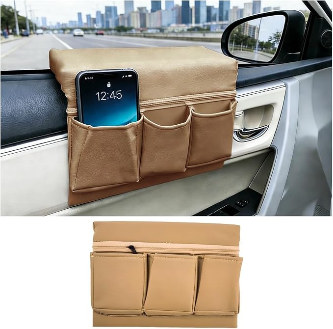Car Window Side Storage Box, Multifunctional Leather Vehicle Side Door Armrest Pad Organizer with Pockets, Auto Window Arm Elbow Rest Storage Bag, Universal for SUV Van Truck (Beige)