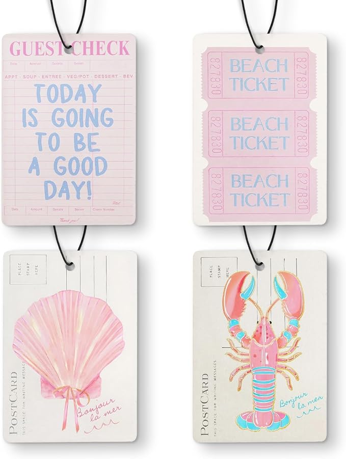 Pastel Pink Beach Air Freshener Diffuser Hanging for Car Interior Closet Drawer Home 4 Pcs, Preppy Coastal Seashell Lobster Girly Aesthetic Car Accessories Mirror Decor