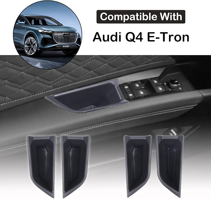 Front Rear Door Side Storage Box Compatible with Audi Q4 E-Tron 2022 2023 2024 2025, 4PCS Car Door Side Armrest Grab Handle Groove Storage Organizer Tray Pocket Slot Mat Insert Accessories
