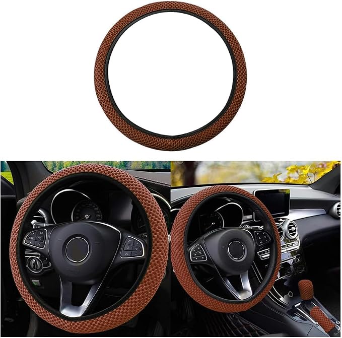 Elastic Stretch Steering Wheel Cover, Universal 15 Inch Car Steering Wheel Cover, Microfiber Breathable Ice Silk, Anti-Slip, Odorless, Easy Carry, Warm in Winter and Cool in Summer (Brown)