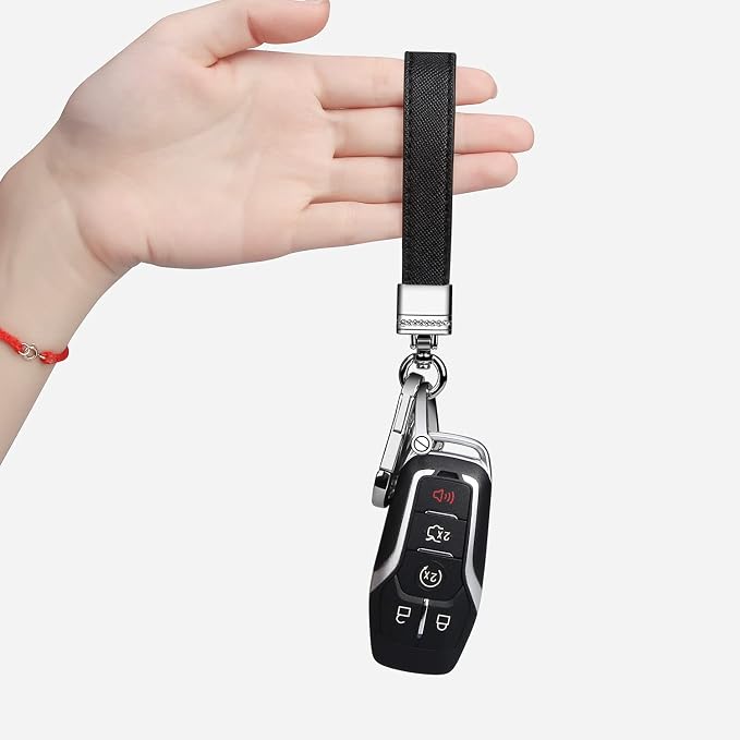 Genuine Leather Car Keychain,Universal Heavy Duty Metal Key Chain Accessories,Car Fob Key Keychain Holder with 360 Degree Rotatable Snap Swivel and Anti-Lost D-Ring for Men Women(Black)