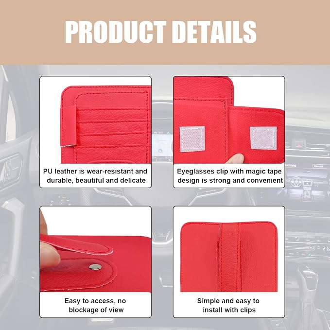 2 PCS Car Sun Visor Organizer, Small Auto Visor Organizer and Storage, Registration and Document Holder for Sunglasses, Card, Pen, Driver License, Car Accessories (Red)