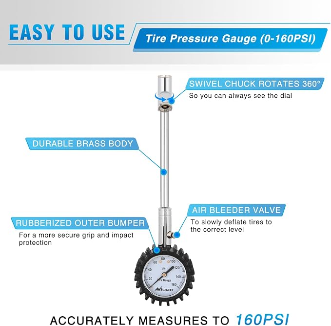 Tire Pressure Gauge 160PSI Heavy Duty Stainless Steel Dual Head Air Pressure Chucks ANSI B40.1 Certified Large 2" Dial Wheel Checker for Truck Semi Truck ATV Motorhome Cars & RV Accessories