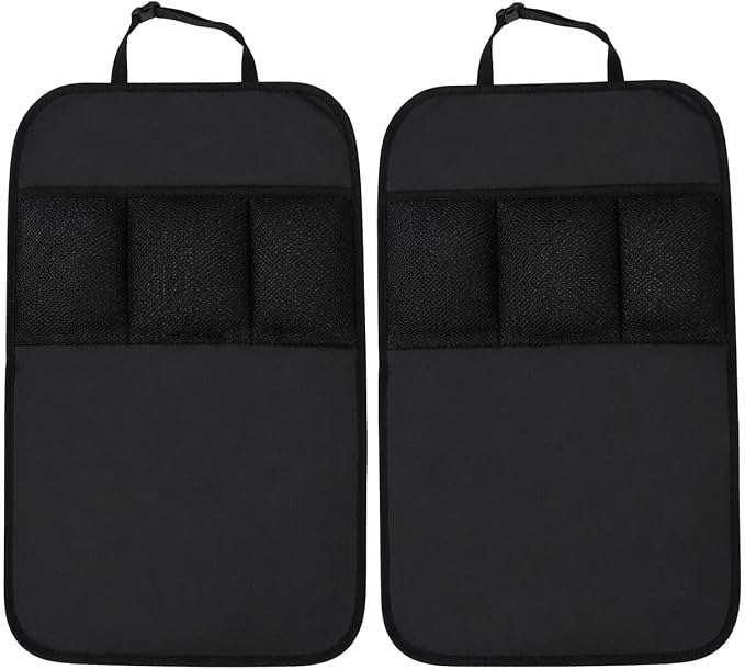 Large Car Seat Back Protectors 2 Pack, 2-Layer Kick Mats with 3 Pockets, Backseat Organizer and Seat Protector for Kids, Scuff Guard for Cars SUVs Trucks, Black