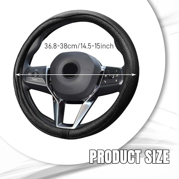 Car Steering Wheel Cover, Durable Leather Cover with Anti-Slip Lining, Breathable Auto Wheel Cover Protector, Universal 15 Inch Anti-Slip Steering Wheels for Men & Women (Black)