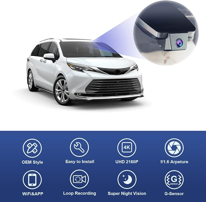 4K Dash Cam Suitable for Toyota Sienna 2021-2026 LE Limited XLE Platinum XSE (XL40), OEM Factory Look, 2160P UHD Video, Loop Recording, WiFi & APP, G-Sensor, Easy to Install, 64GB Card