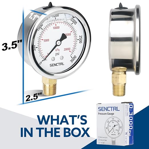 3000 Psi Glycerin Liquid Filled Hydraulic Pressure Gauge, 2.5" Dial Size, 1/4" NPT Lower Mount, Stainless Steel Case, for Air Gas Water Oil Pressure Test