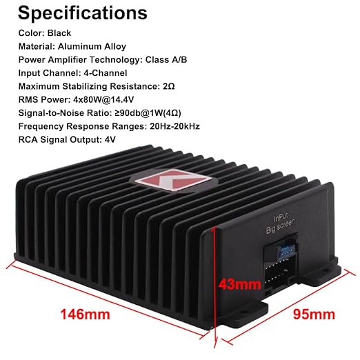 4-Channel Full-Range Amplifier, 80Wx4 Audio Modification Power Amplifier Digital Sound Processor Class A/B for Android Car Player