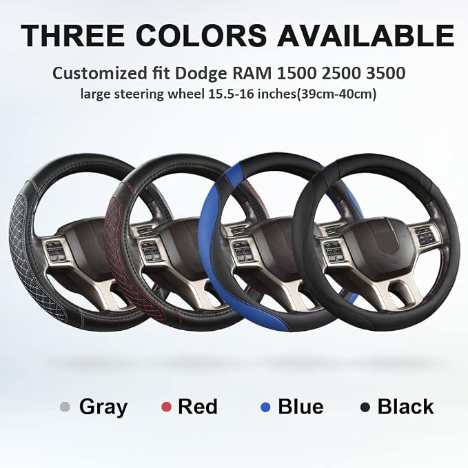 Customized Auto Car Steering Wheel Cover for Dodge RAM 1500 2500 3500, 15.5-16 inch (Diamond Quilted-Black+Gray-Large Size)