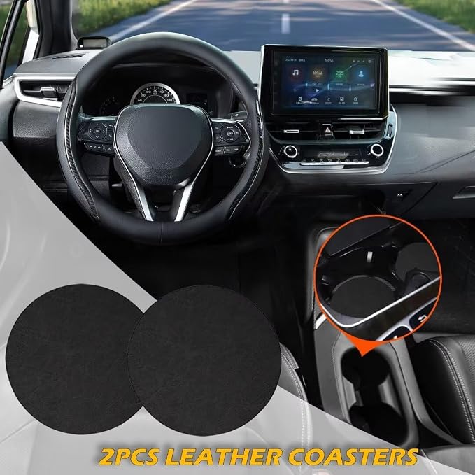 Black Steering Wheel Cover with Coasters Leather Universal 15 inch | Carbon Fiber Car Steering Wheel Covers Microfiber Breathable Anti-Slip Steering Wheel Accessories Set
