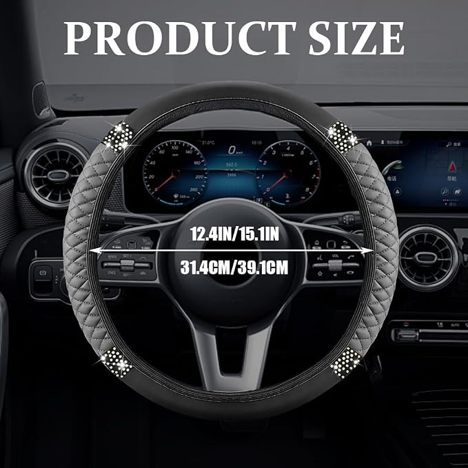 Bling Soft Leather Steering Wheel Cover, Steering Wheel Protector, 15 Inch Rhinestones Car Elastic Protector with Crystal Diamond for Women Girls, Car Accessory for Vehicles (Grey)