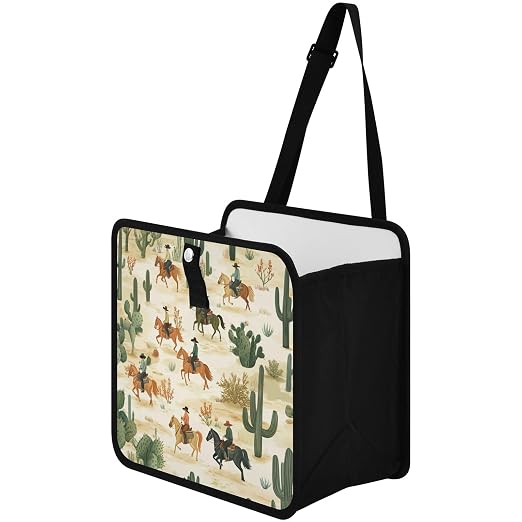 Car Trash Can Organizer Bin with Adjustable Strap for Back Front Seat Console Waterproof Leakproof Collapsible Portable 11 Inch Cute Cacti Desert Cowboys Horses