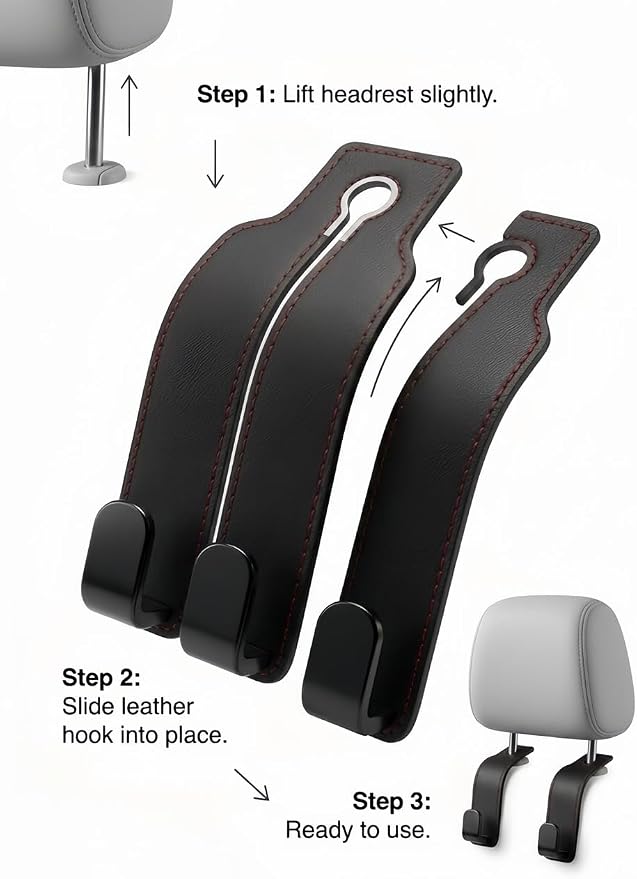 2 Pack Car Seat Headrest Hooks, Black Leather Car Purse Hangers with Red Stitching, Vehicle Back Seat Organizer Hooks for Handbags, Grocery Bags, Keys, Jackets and Accessories