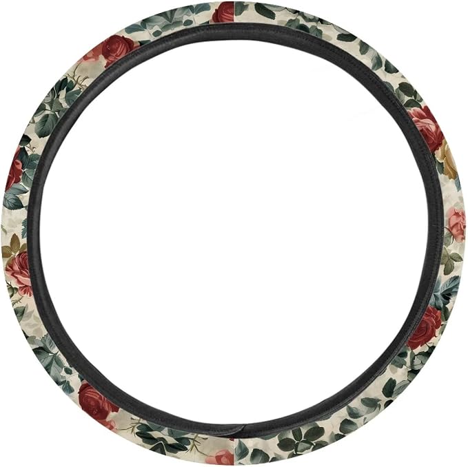Car Steering Wheel Cover Retro Rose Red Yellow Pattern Easy to Install Car Wheel Cover Protector Car Decoration Steering Wheels Accessories for Van Car SUV Truck