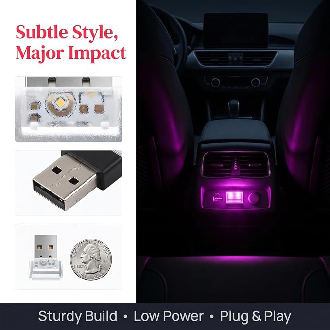2PCS USB LED Car Interior Atmosphere Lamp, Portable Mini, Purple | 5V USB-A plug-in, soft accent glow, no wiring, decor night light, car accessories for cars, SUVs, trucks