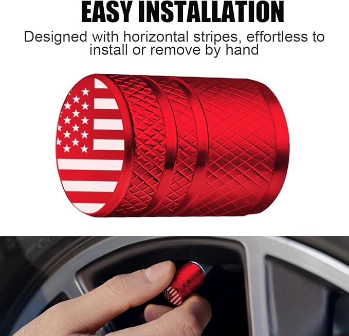 Tire Valve Stem Caps - (4 Pack) American Flag Metal Air Caps with Plastic Liner, Durable, Corrosion Resistant and Leak-Proof, Universal Fit for Cars, Trucks, Motorcycles, and Bikes - Red