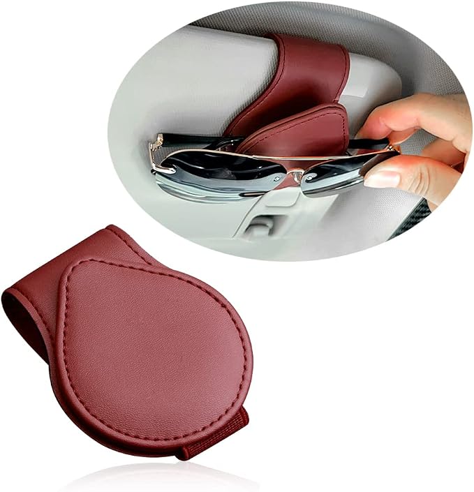 Magnetic Sunglass Holder for Visor, PU Leather Car Organizer, Universal Accessory (Wine Red)
