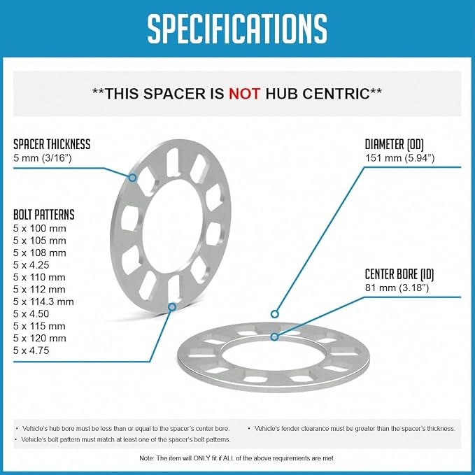 4 Pcs Die Cast Wheel Spacers 5mm 3/16" Thick Fits Bolt Patterns 5x100 5x105 5x108mm 5x4.25 5x110 5x114.3mm 5x4.50 5x115 5x120mm 5x4.75 Fits 5 Lug Pass Cars - Not Hub Centric
