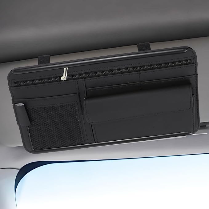 Car Visor Organizer, Leather Multi-Pocket Auto Sun Visor Storage Pouch with Sunglasses Holder, Card Holder, Zipper Pocket, Net Pocket, Pen Slot, Universal Interior Car Accessories (Black)
