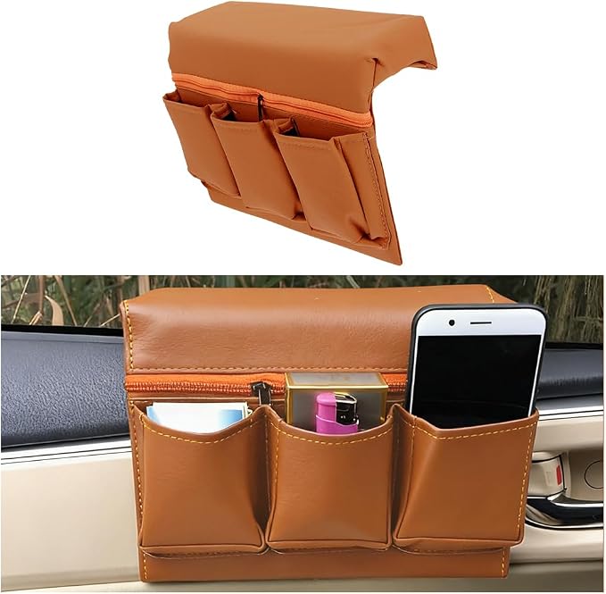 Car Window Armrest Storage Box, Multifunctional Leather Door Side Organizer with Pockets, Comfortable Automotive Interior Arm Elbow Rest Pad Storage Bag, Universal for Vehicles (Brown)